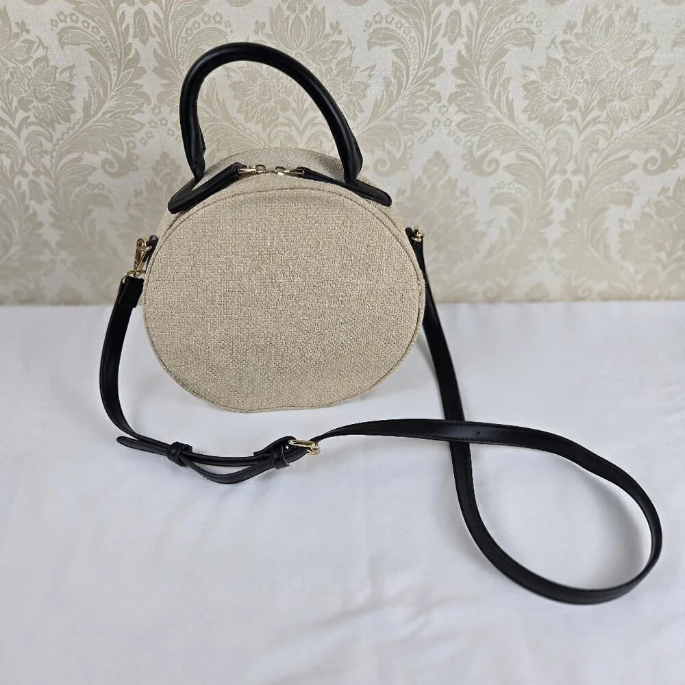 Moda Luxe Round Crossbody Bag w/ Top Handle Cream Cotton Black Faux Leather